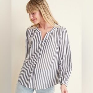 Old Navy White and Navy Striped Blouse Long Sleeve Shirt Large